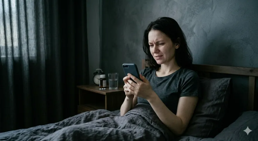 Woman in bed at night looking at her phone during an attack